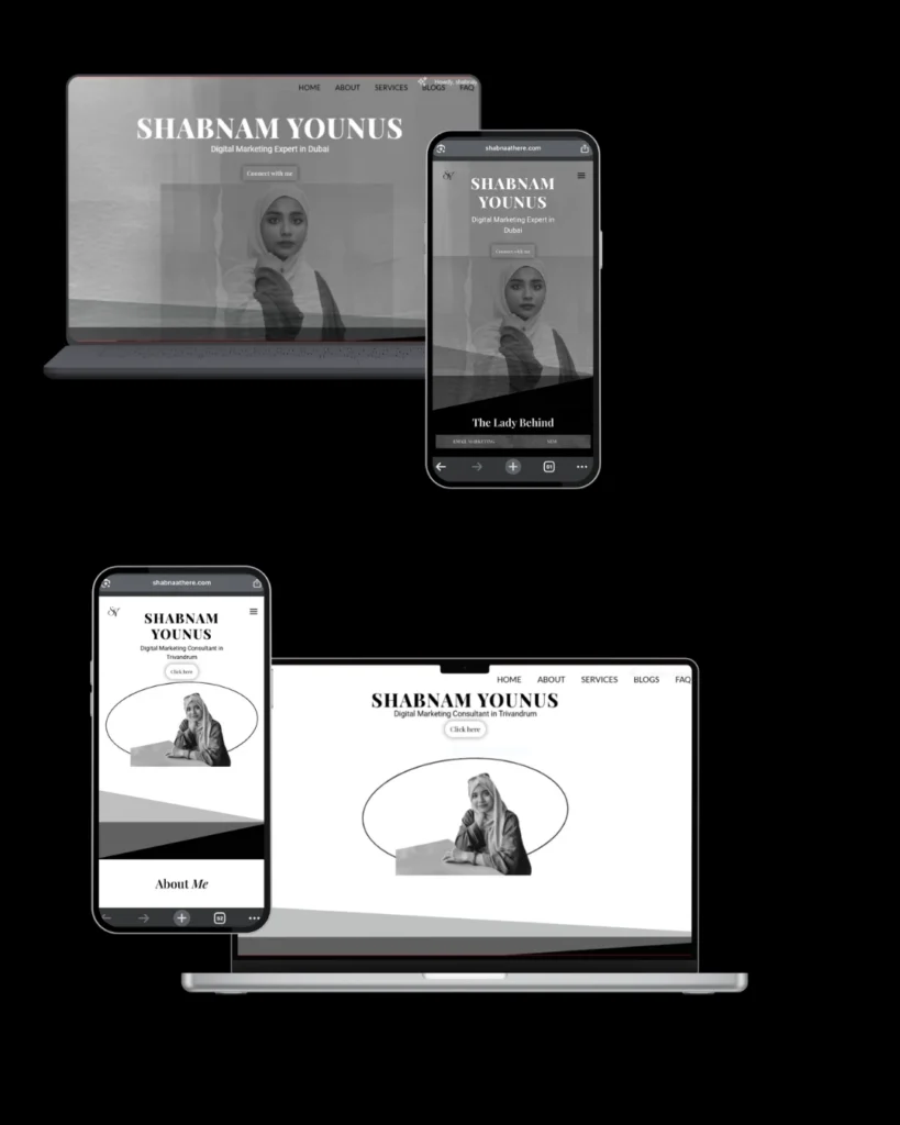 Responsive website preview showing multiple pages of a digital marketing expert in Dubai displayed on laptop and mobile screens