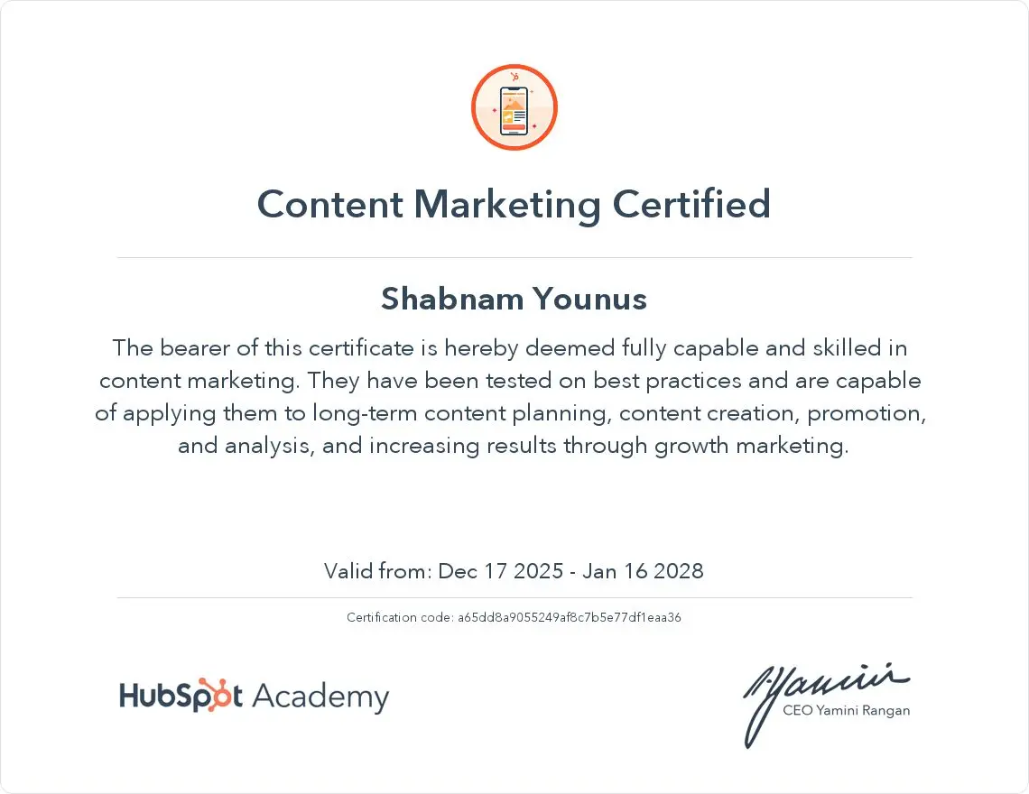 Content marketing certification earned by a digital marketing expert in Dubai showcasing professional expertise