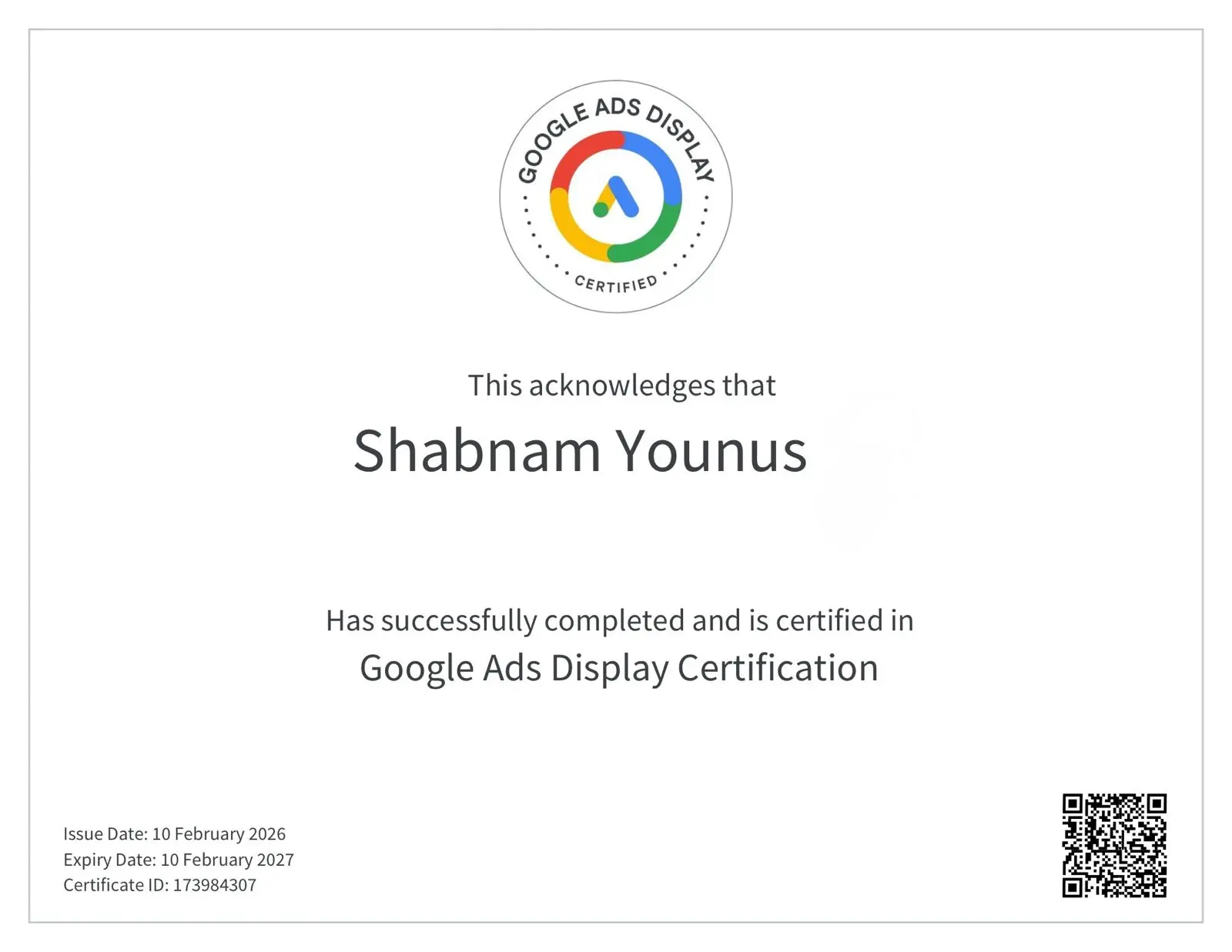 Google Ads Display certification of a digital marketing expert in Dubai