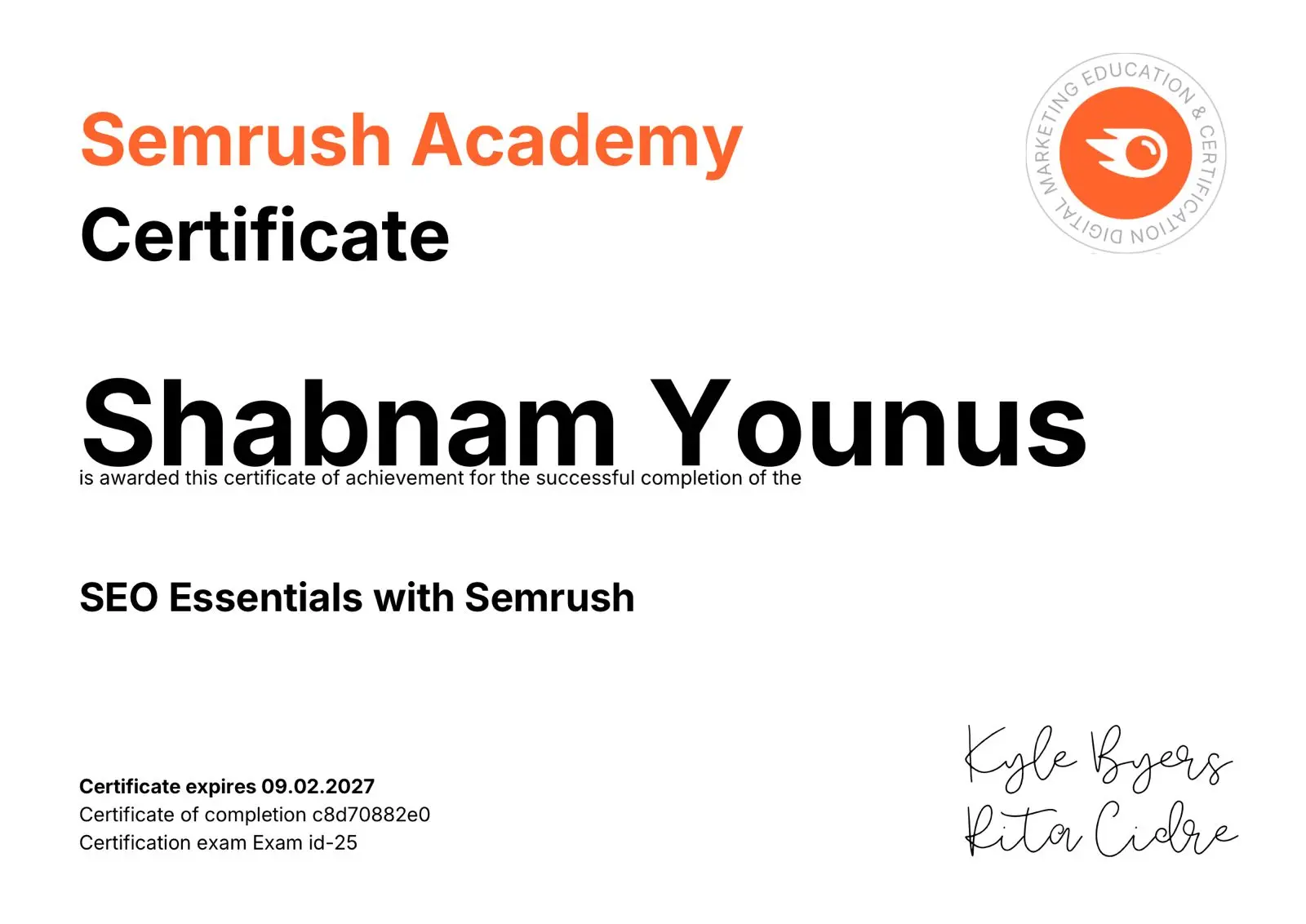 Semrush SEO Essentials certificate earned by a digital marketing expert in Dubai
