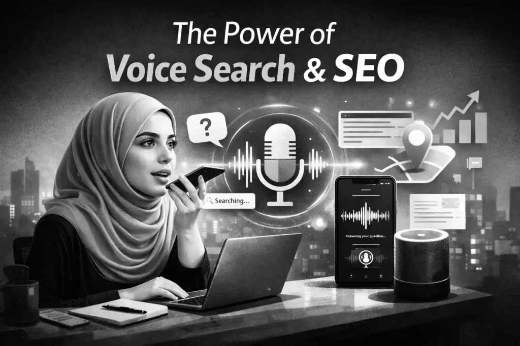 Voice search SEO illustration showing microphone interface and digital marketing analytics.