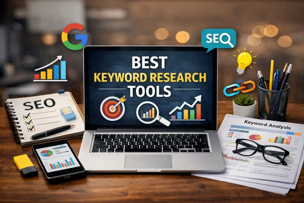 “Laptop displaying keyword research tools dashboard with SEO charts and analytics for content strategy planning.”