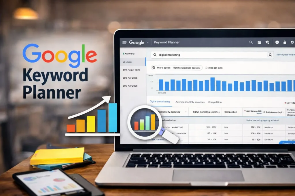 “Google keyword planner interface showing keyword data, search volume insights, and SEO analysis on a laptop screen.”