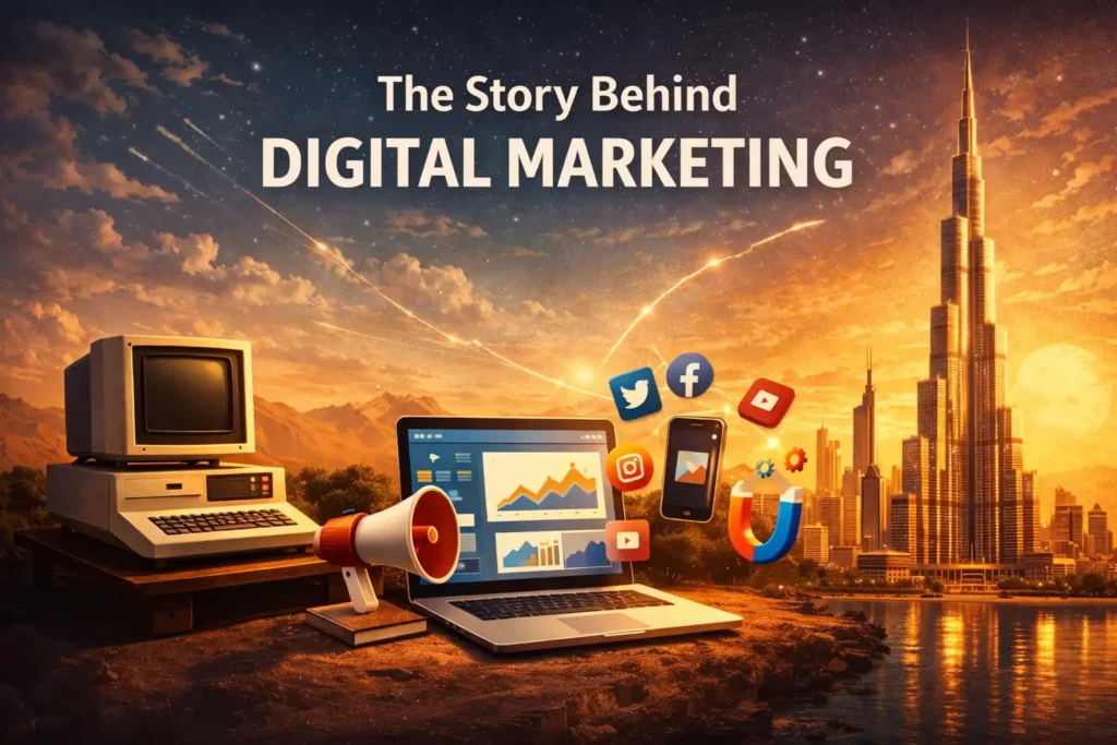 Story behind digital marketing showing its evolution from early computers to modern digital strategies with Dubai skyline